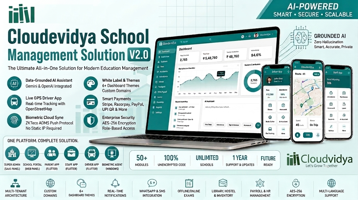 Cloudevidya School Management Solution dashboard and apps